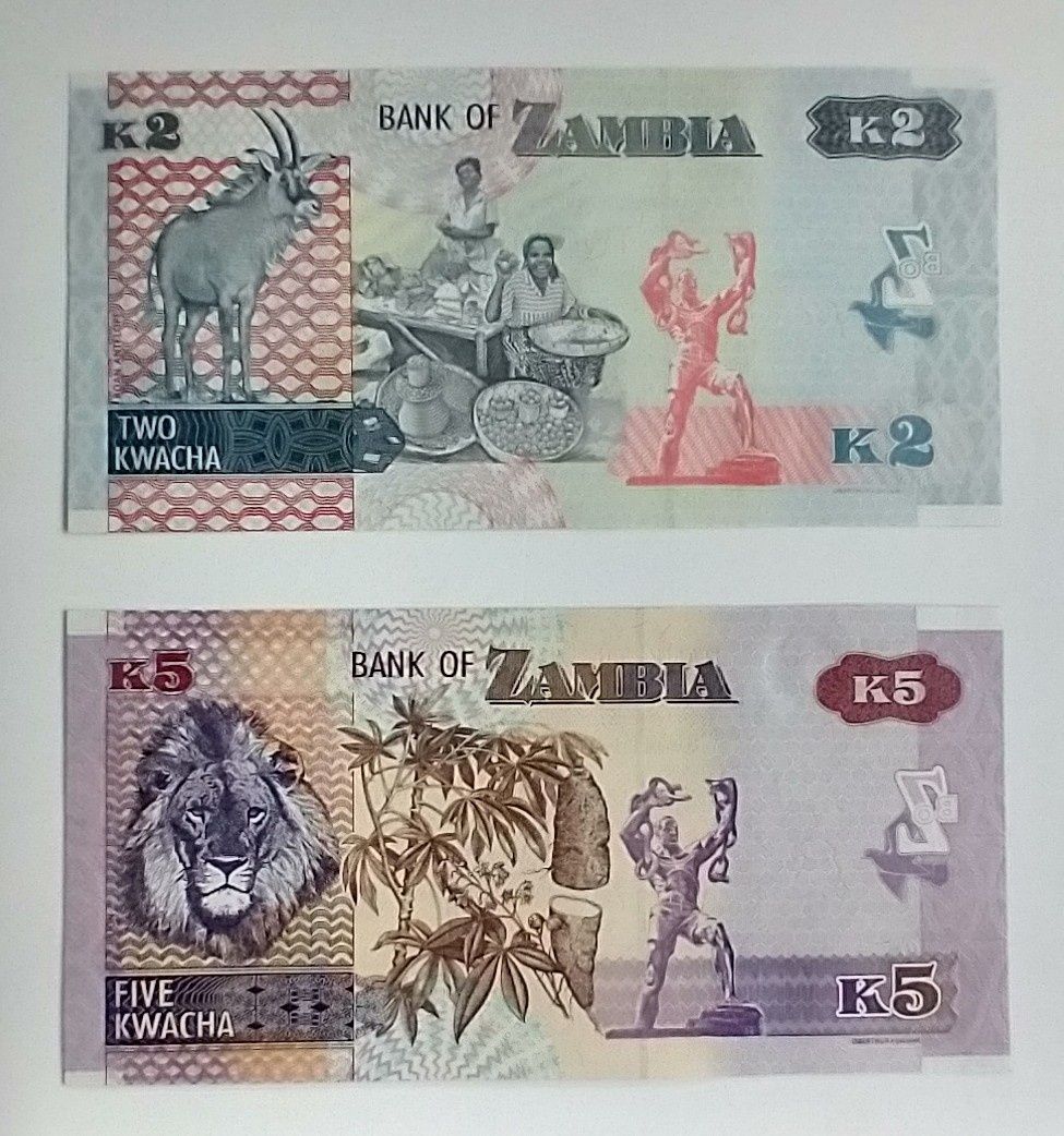 zestaw banknotów 2 i 5 kwacha , Zambia  , 2 szt , stan bankowy