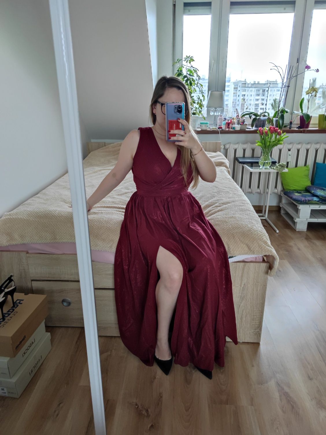 Sukienka brokatowa bordowa/ciemna czerwień 36-38