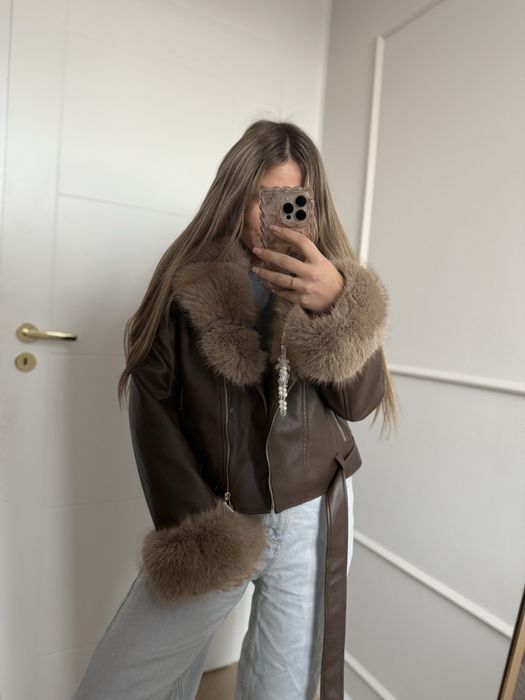 Kurtka nowa zimowa brązowa czekoladowa z futrem, eko skórzana S/M