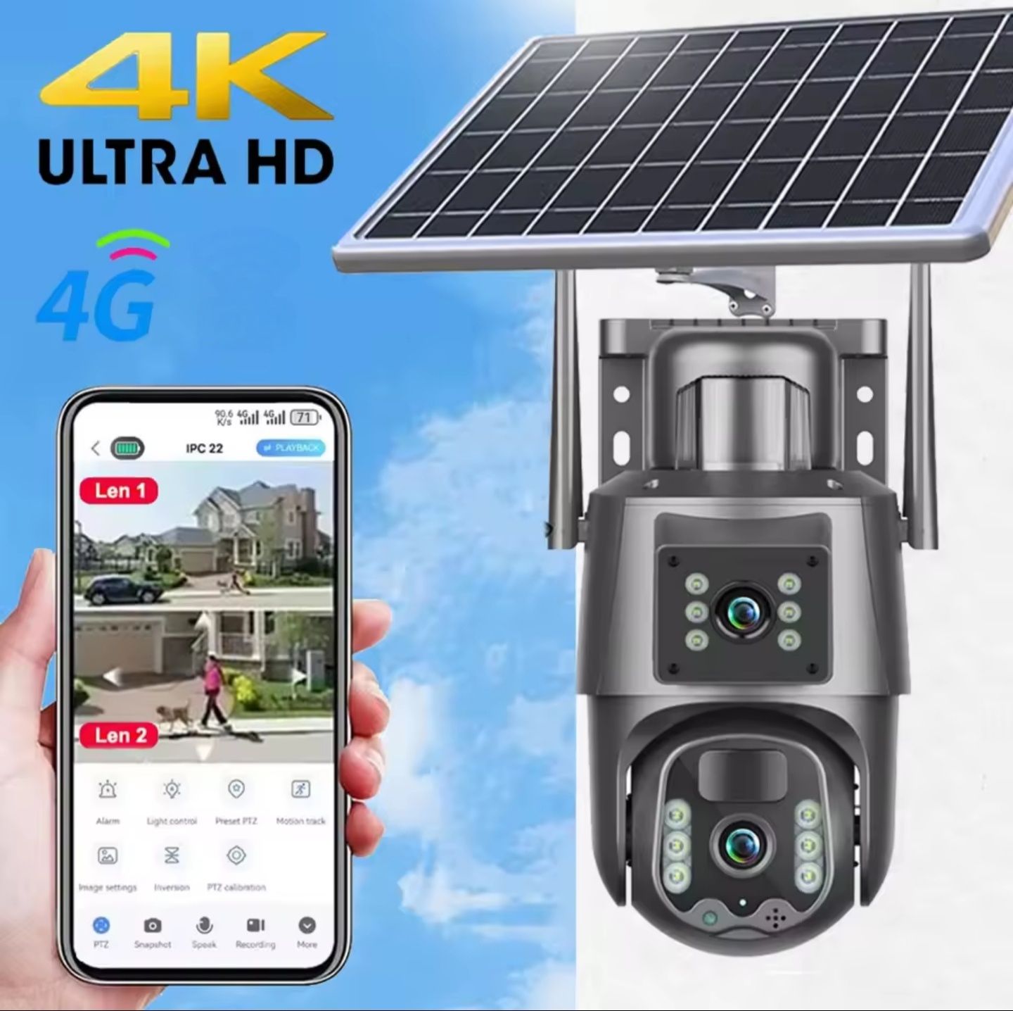 Kamera 4G na kartę SIM Solarna IP65 8MP podwójny obiektyw