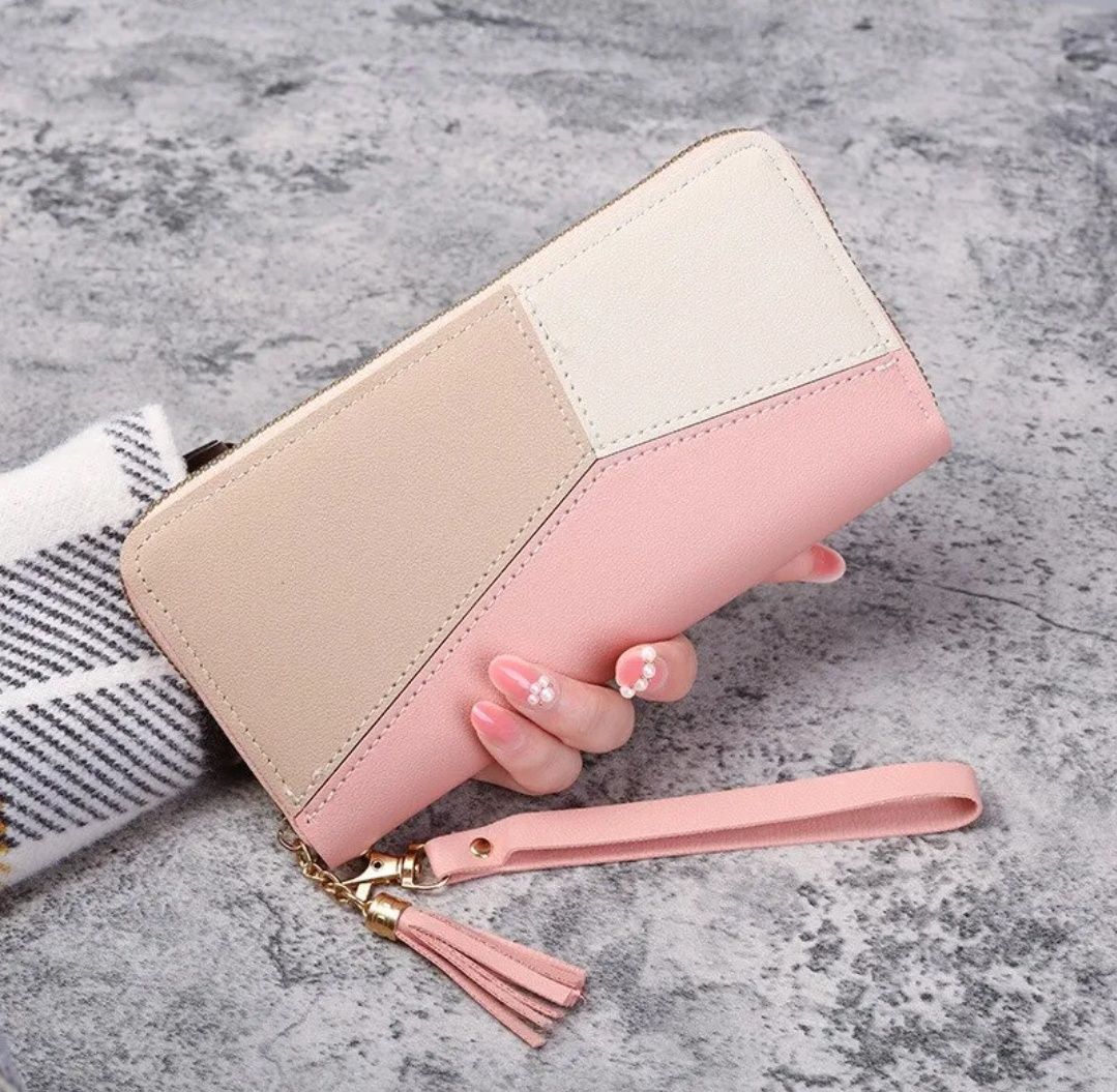 Nowy duży portfel damski biały beżowy różowy portmonetka