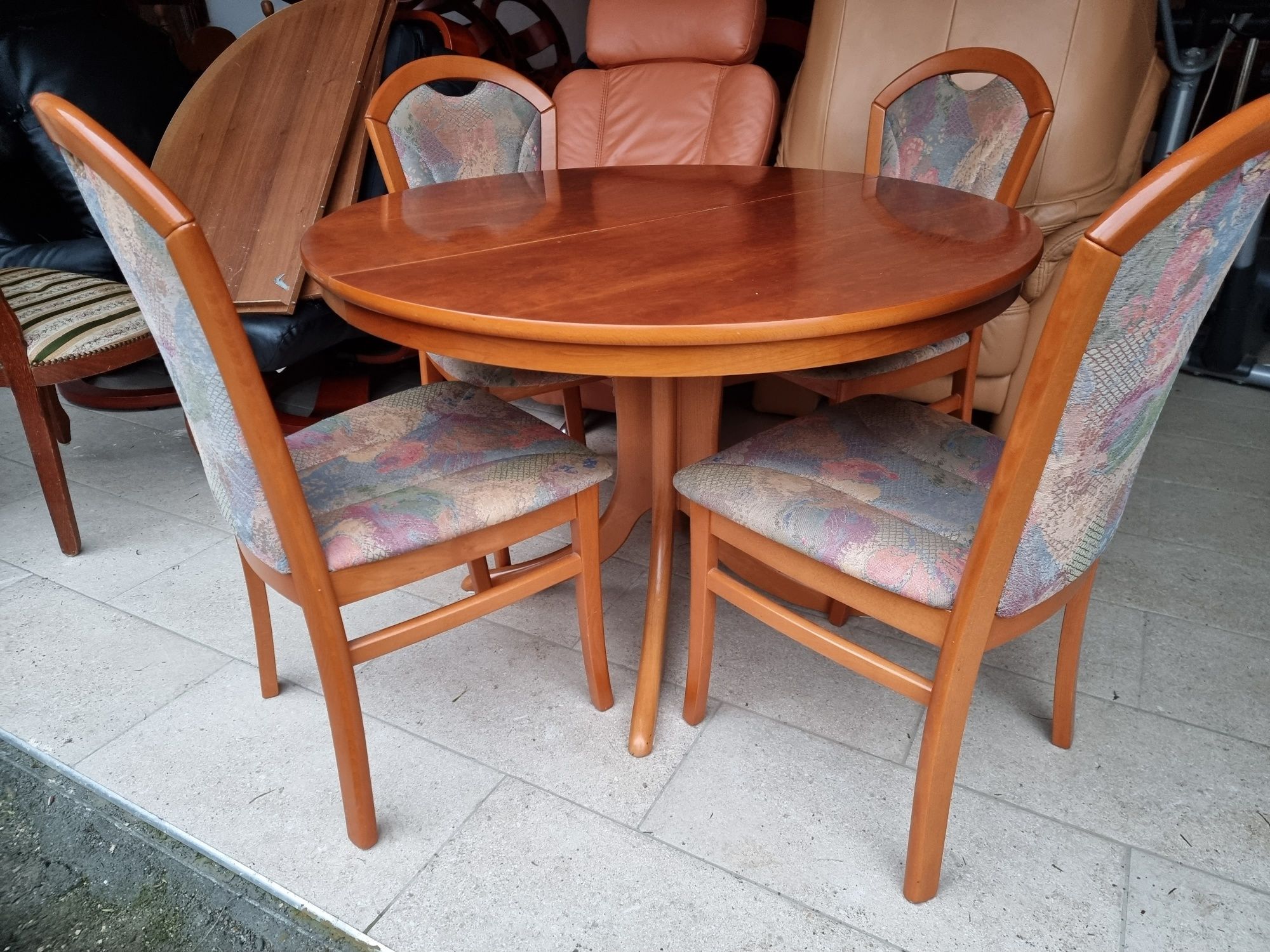 Jadalnia stół krzesła okrągły dostawka zestaw drewniana