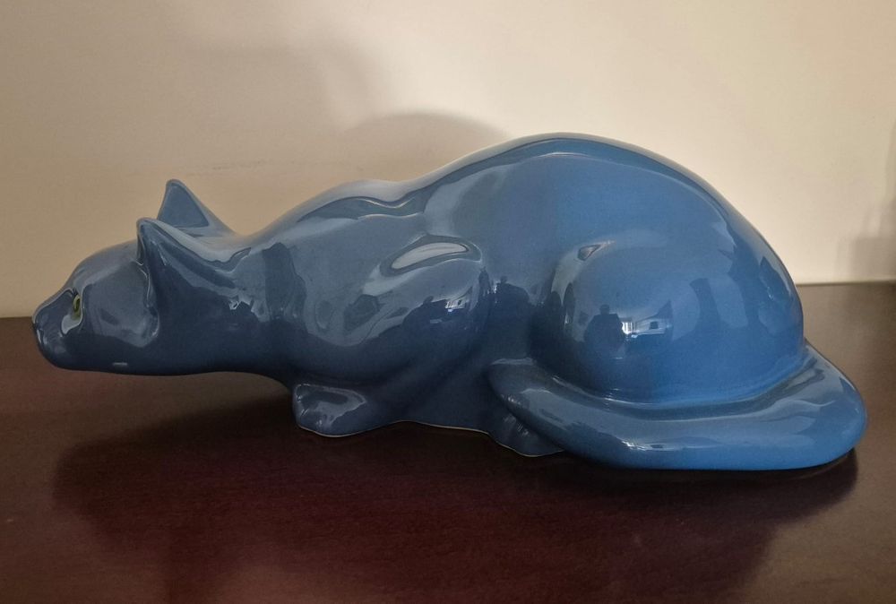 Duży, niebieski  kot ceramika, ręczna robota