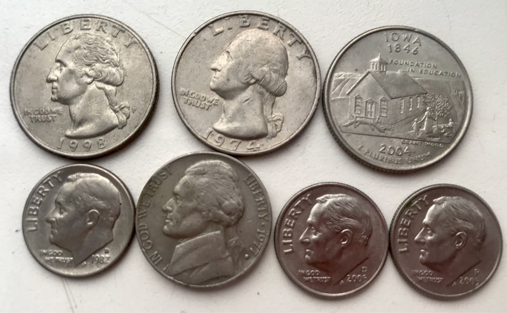 Монета dix cent Napoleon III 1854 Quarter dollar 1974 199One dime 1982