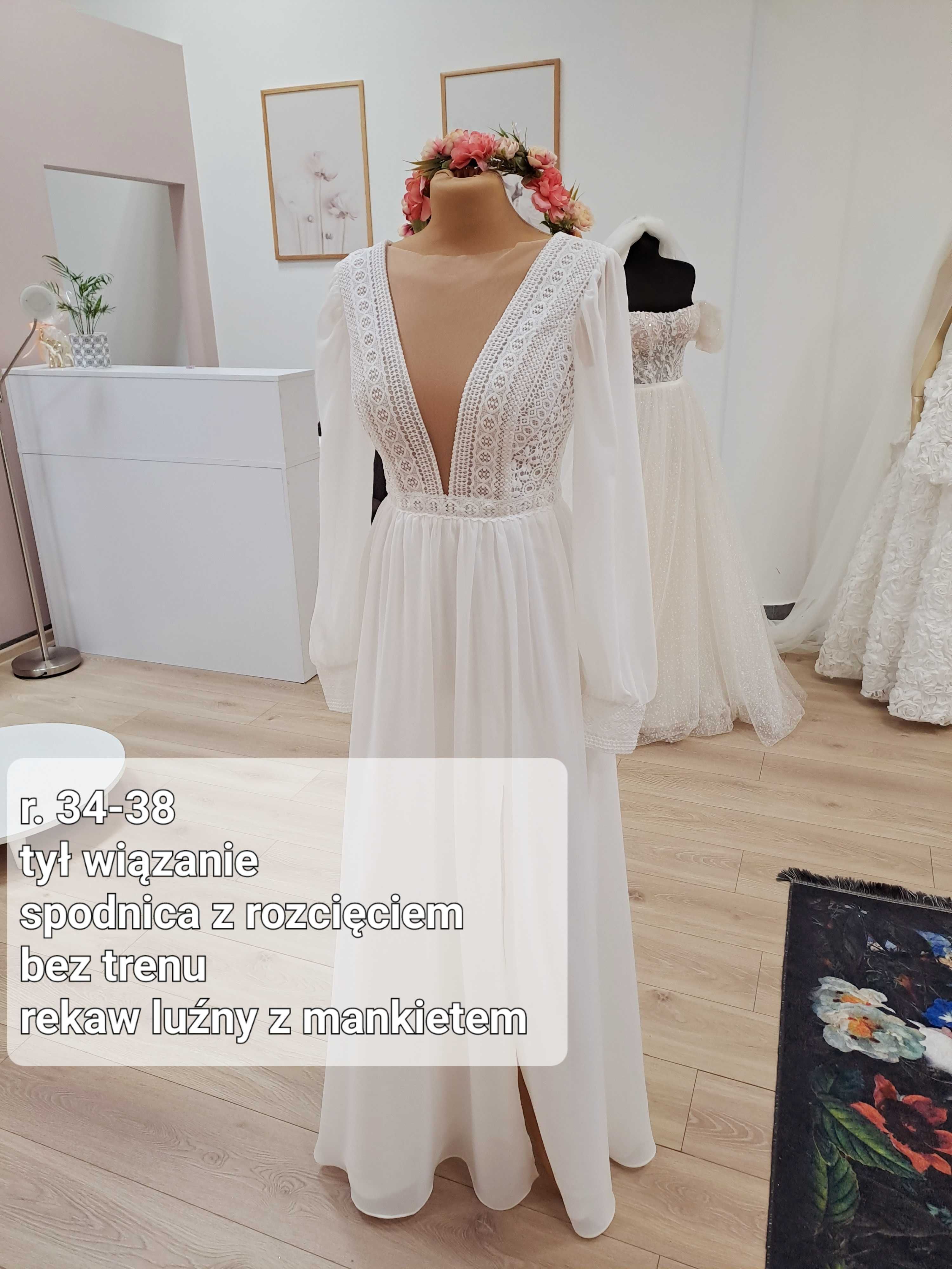 Nowa suknia ślubna boho koronkowa z rękawem szyfon muślin 34 36 38