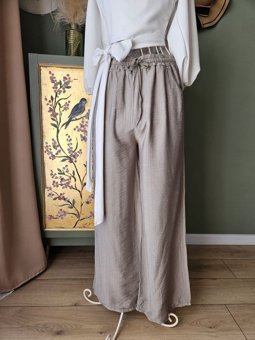 Spodnie damskie Wide Leg Beżowe taupe Wiskoza Na Gumce szeroka nogawka