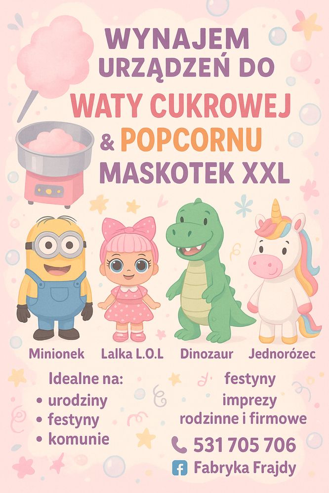 Zjeżdżalnia dmuchaniec aniamcje wata popcorn