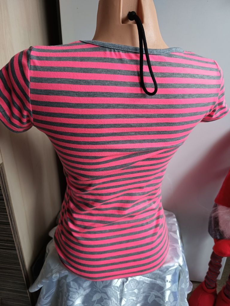 Koszula t-shirt M L XL neonowy róż w paski szare hippies retro