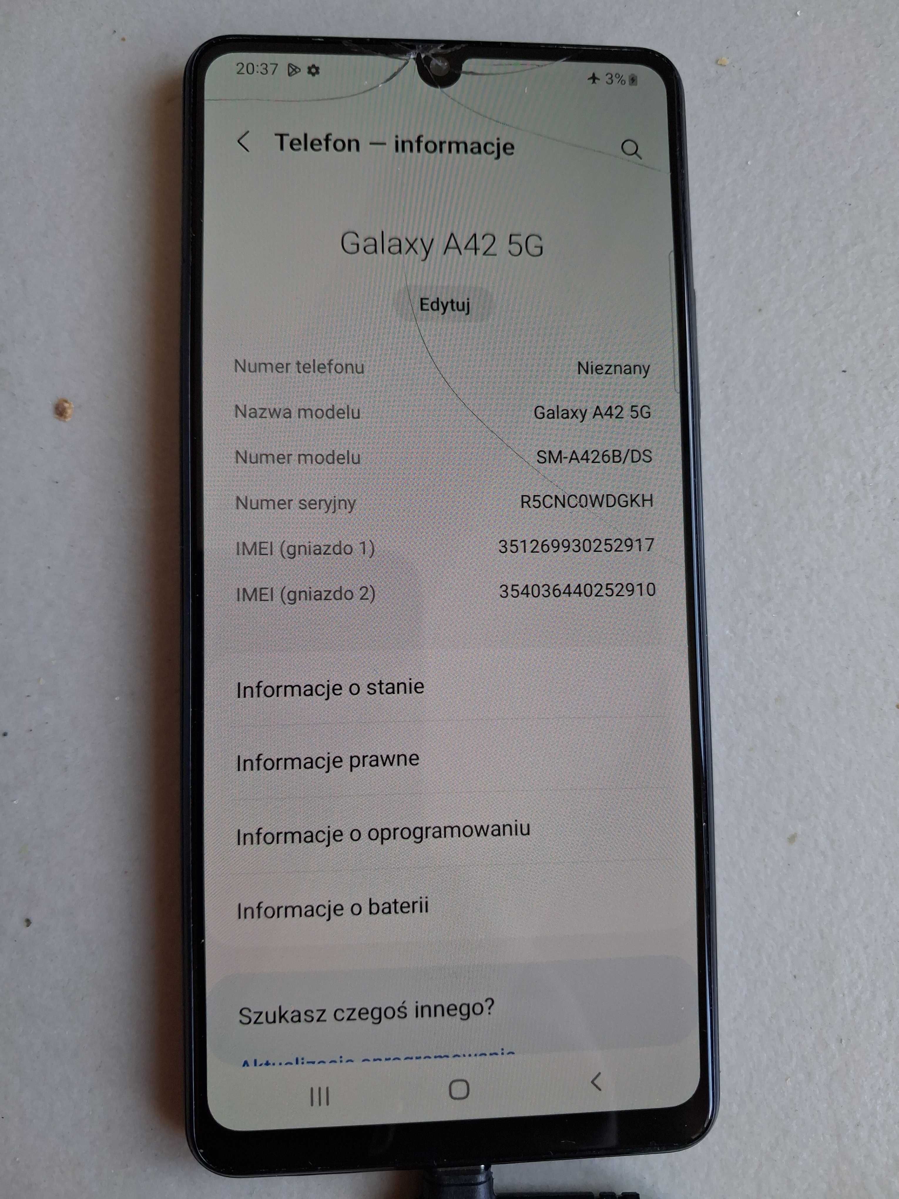 Telefon Samsung A42 5g 4/128 gb czarny Uszkodzony SM-A426B/DS A 42