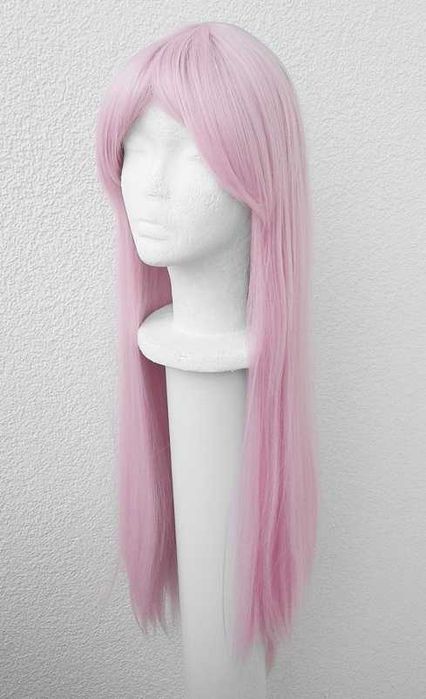 Długa prosta różowa peruka pastelowa z grzywką cosplay wig