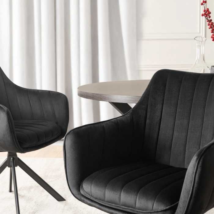 Krzesło do jadalni Obrotowe Welurowe Czarne Pikowane Tapicerowane