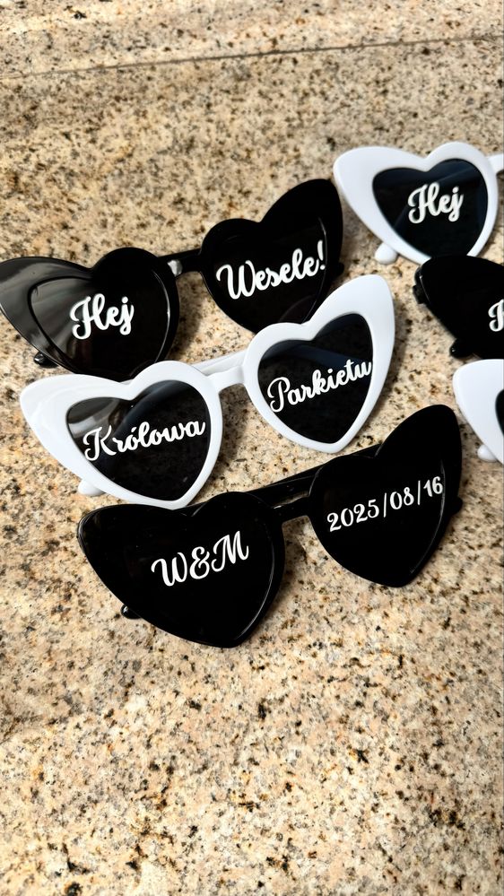 Okulary serca personalizowane serduszka białe czarne z naklejkami