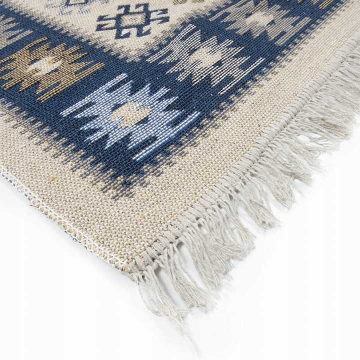 DYWAN KILIM BOHO dwustronny bawełna niebieski 120 X 180 FRĘDZLAMI
