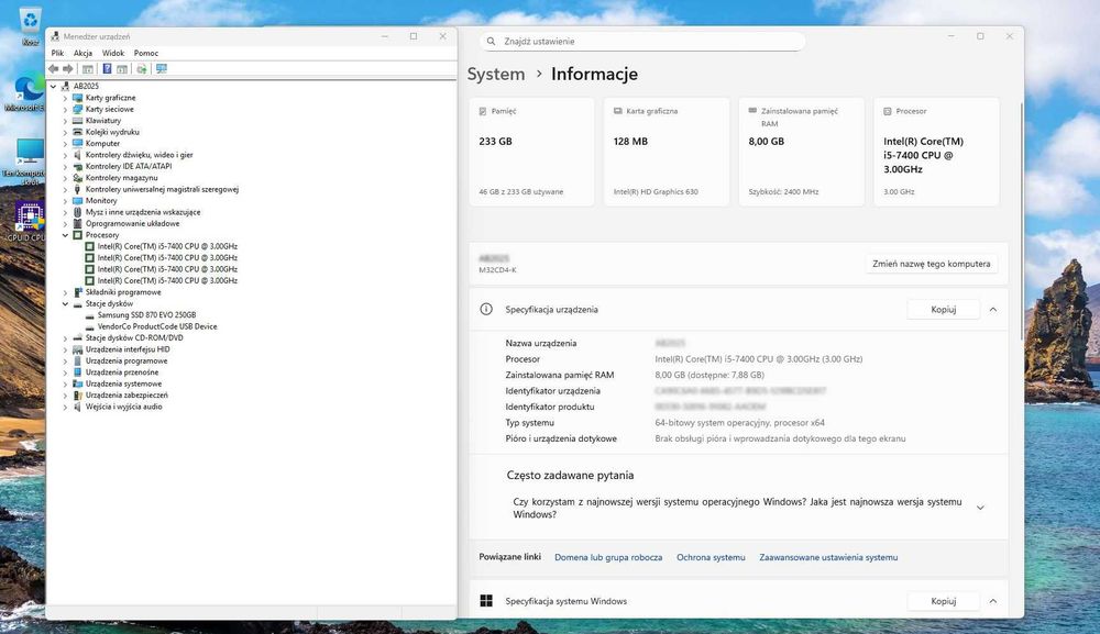 Komputer Intel i5-7400, 8GB RAM DDR4, 250 GB SSD, Win 11.