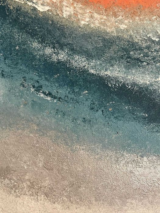 Pintura abstrata em acrílico em tons de azul, salmão e cinzento