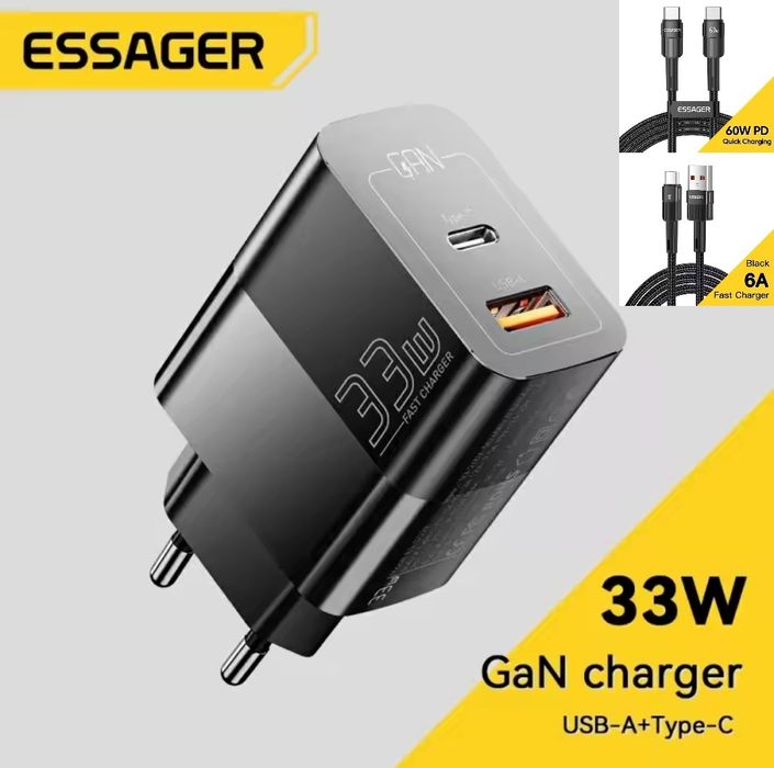 Комплект Быстрая зарядка ESSAGER GAN 33 Вт PD + QC3.0 + два кабеля 1м