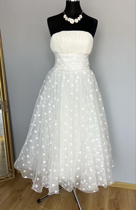 suknia ślubna retro midi gorset tiul lata 60 70 rozmiar 36–40