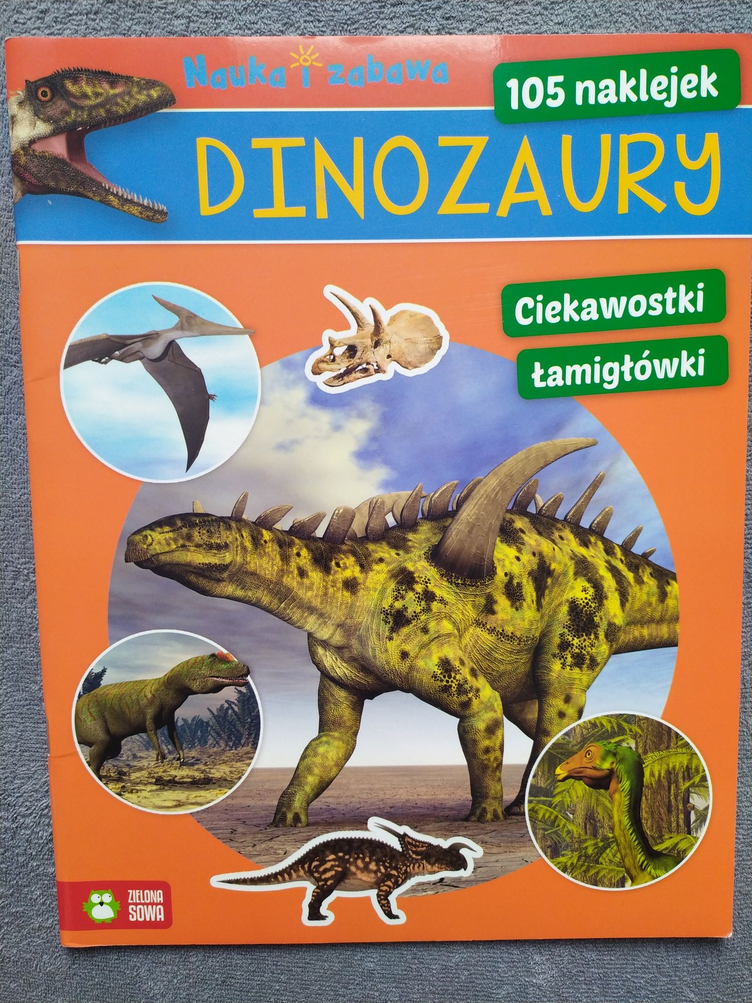 Dinozaury książka dla dzieci naklejki ciekawostki łamigłówki