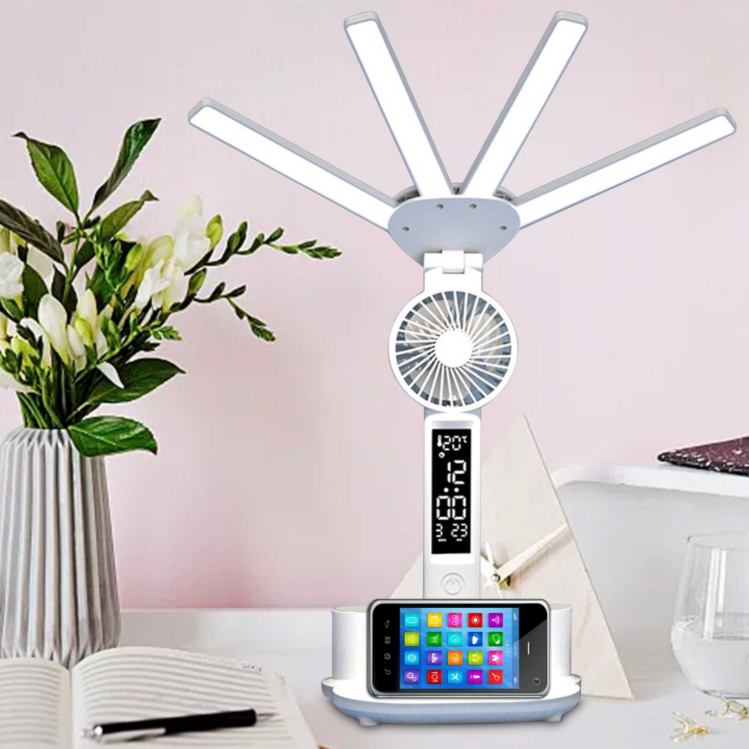 LAMPKA NA BIURKO LED Organizer Termometr ZEGAR Wentylator 3 BARWY