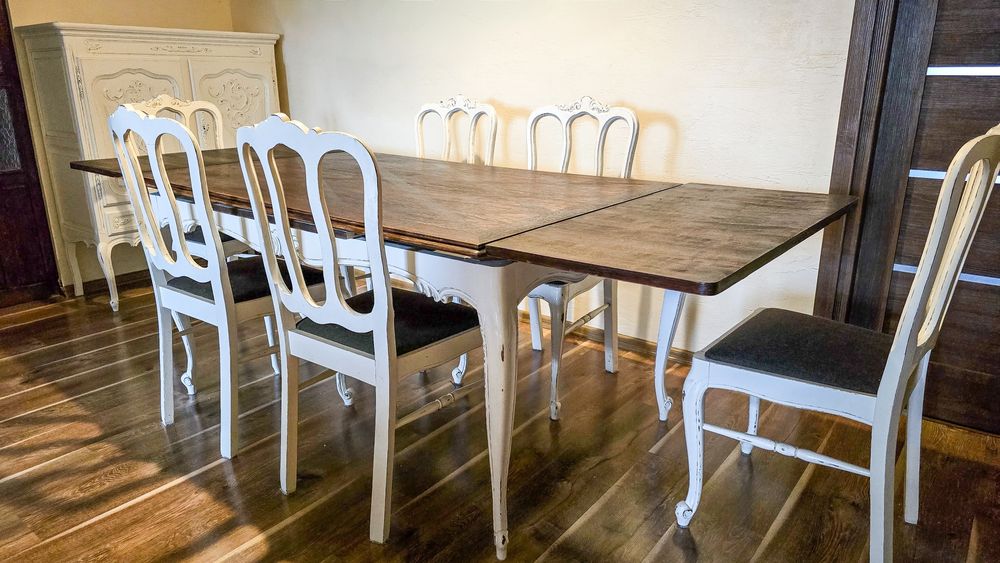 Francuski stół dębowy + 6 krzeseł – oryginalny antyk po stylizacji