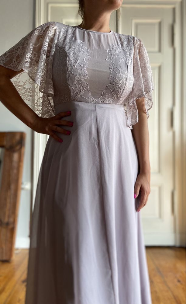Asos piękna suknia świadkowa druhna liliowa koronka długa wesele nowa