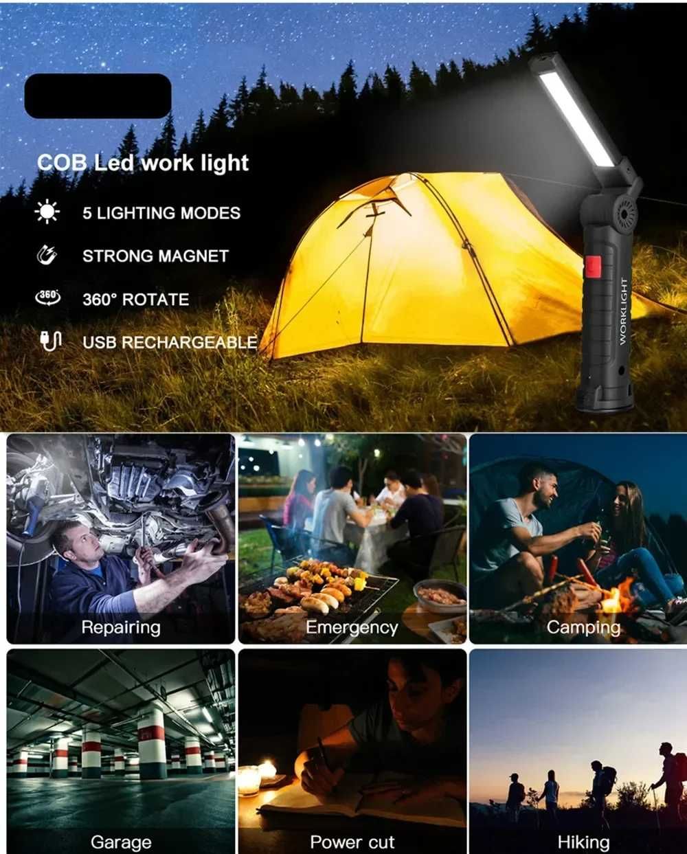 Światło robocze COB LED z magnetyczną końcówką i baterią 18650 latarka