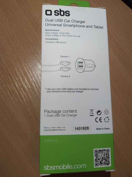 SBS ładowarka samochodowa dual USB charger