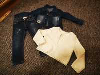 Komplet Spodnie Zara jeans kurtka sweter r. 104 bdb