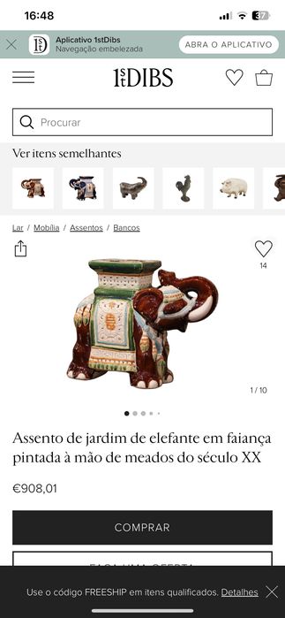 Banco Jardim Elefante Cerâmica Séc XIX Assinado 54 cm