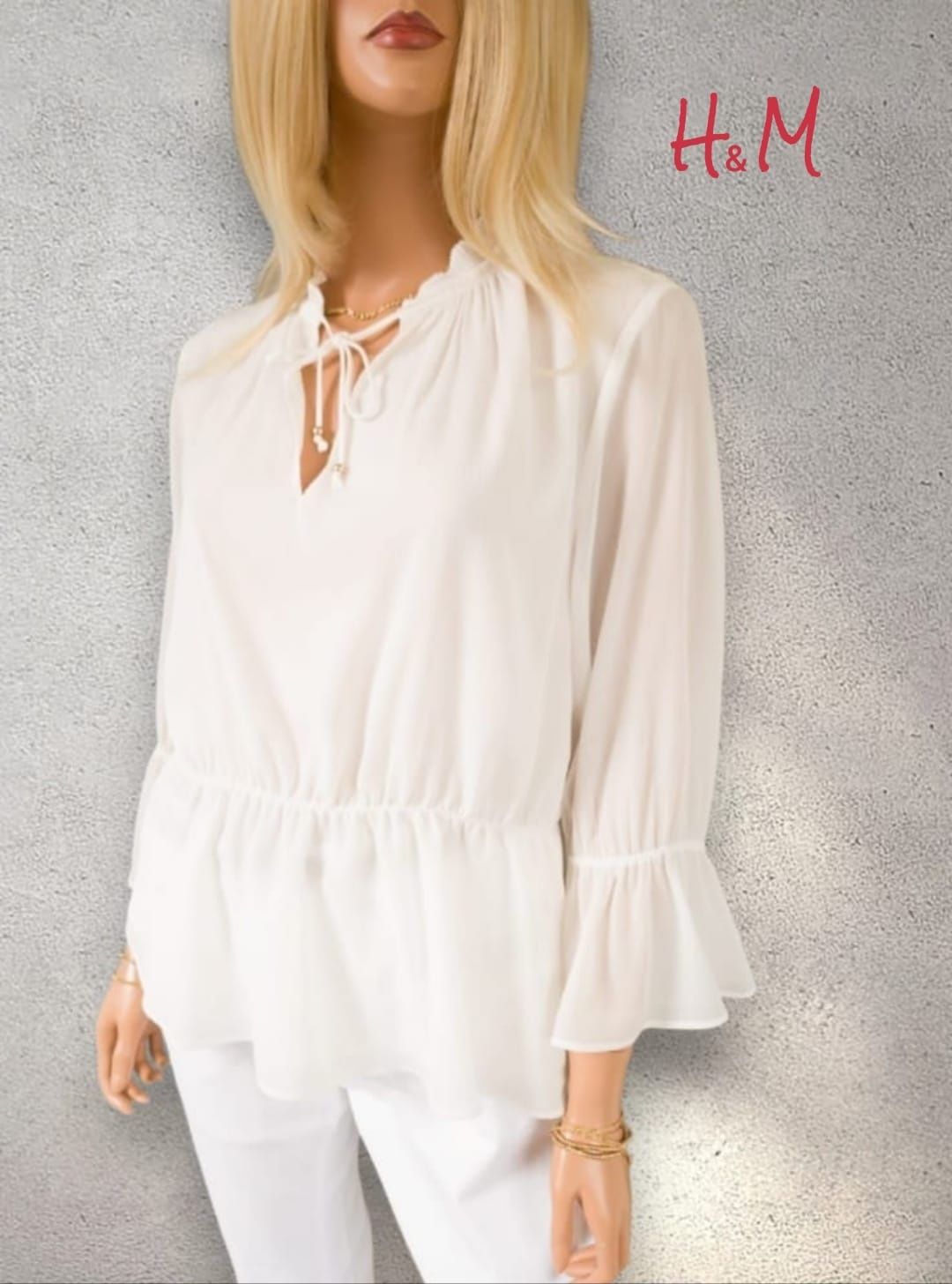 Biała elegancka bluzka koszulowa rękaw 3/4 boho xl