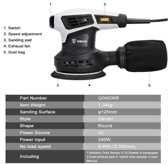 Lixadeira Orbital 125 DEKO QD6206R