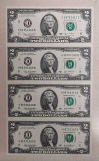 2 Доллара США неразрезанный лист 4 банкноты 2003 год