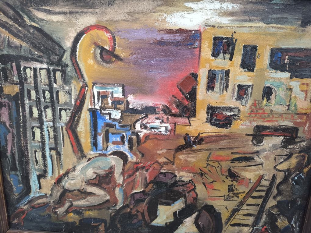 Piękny stary oryginalny obraz olejny 1947 r Waldman Mosze " Getto"