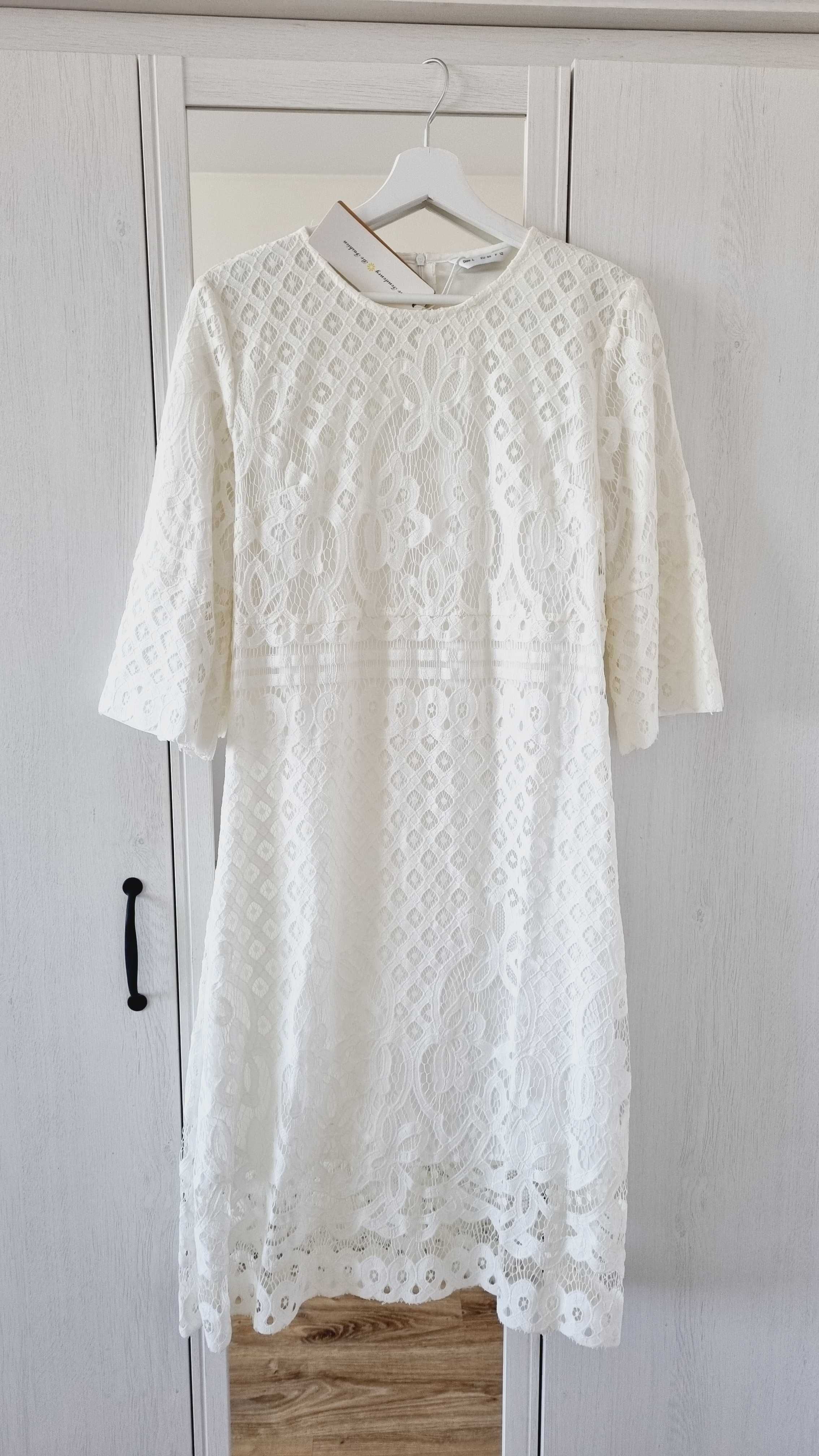 biała kremowa ażurowa sukienka midi, ślub cywilny, panieński boho L 40