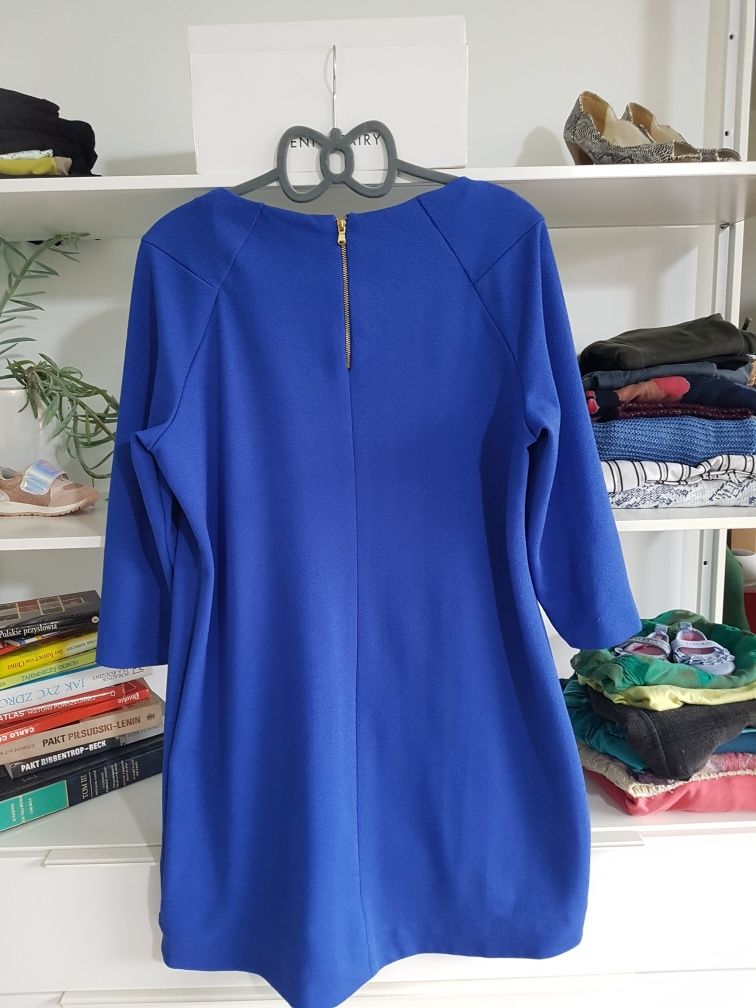 Sukienka biurowa elegancka ciemnoniebieska z rękawem 3/4 na L/XL