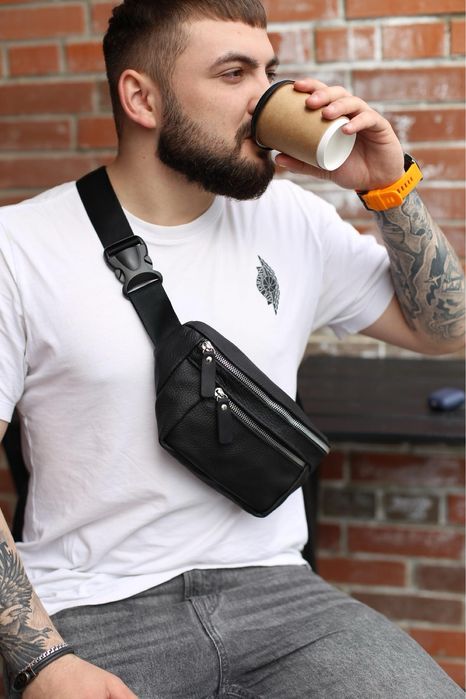 Шкіряна чоловіча сумка бананка, кожаная бананка мужская сумка барсетка