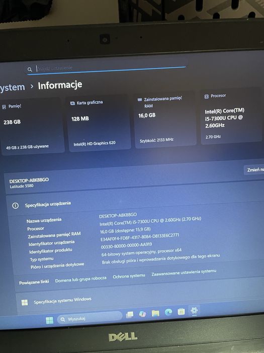 Laptop DELL 5580 i5 - 7gen/RAM 16GB /SSD 238GB Windows 11 Pro