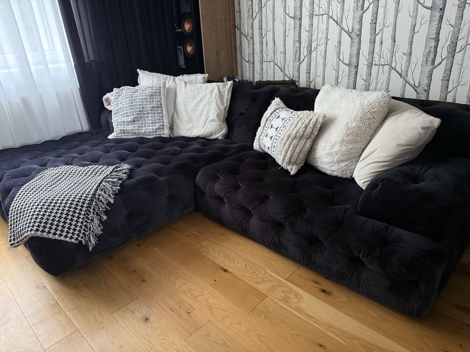 Kanapa czarna welurowa narożnik sofa and friends duzy wygodny stylowy