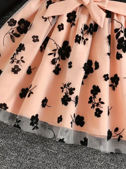 NOWA Piękna Sukienka 122 128 czarna beżowa kwiaty Wizytowa Elegancka