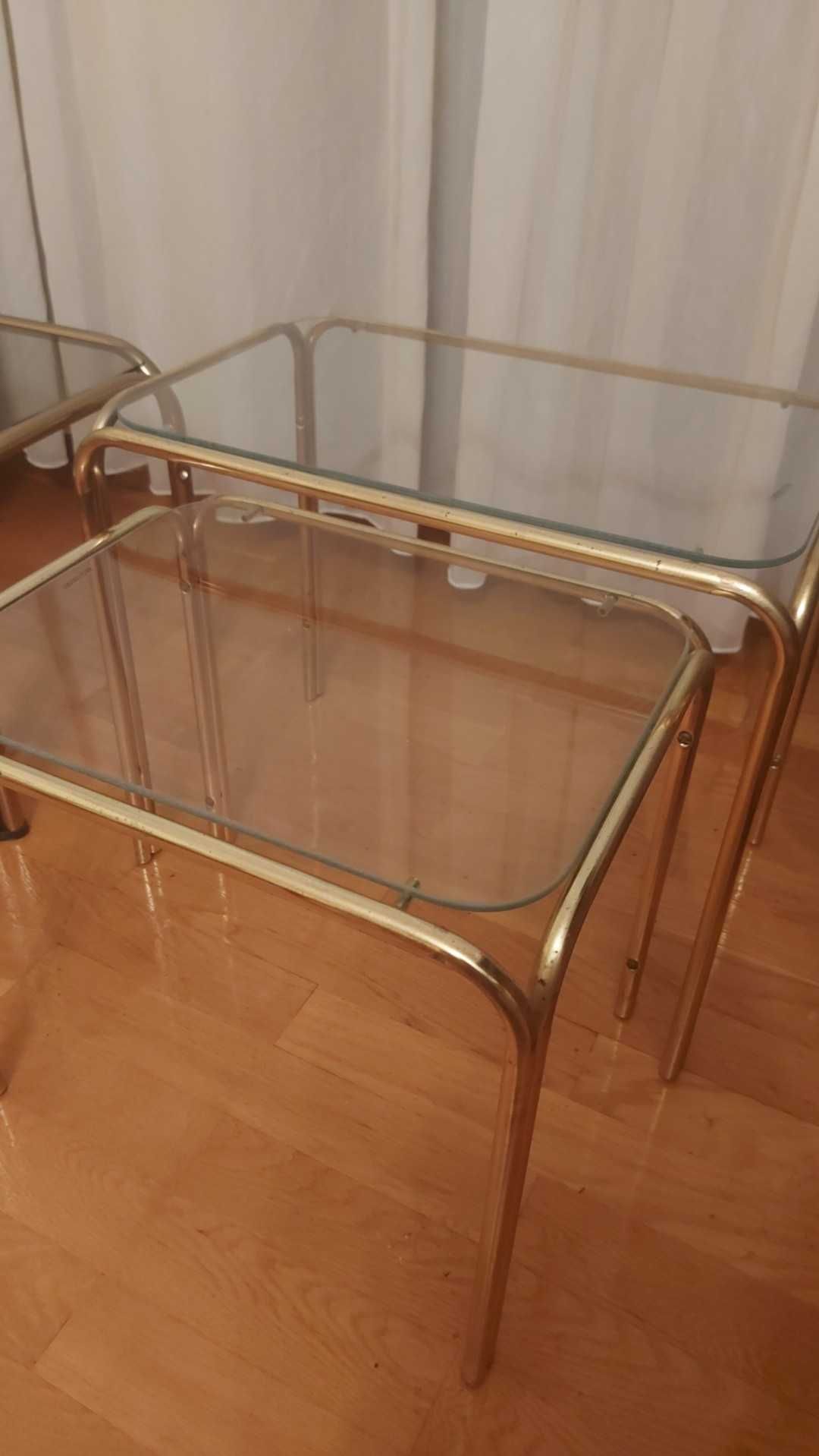 Stoliki szklane Bauhaus PRL złote komplet
