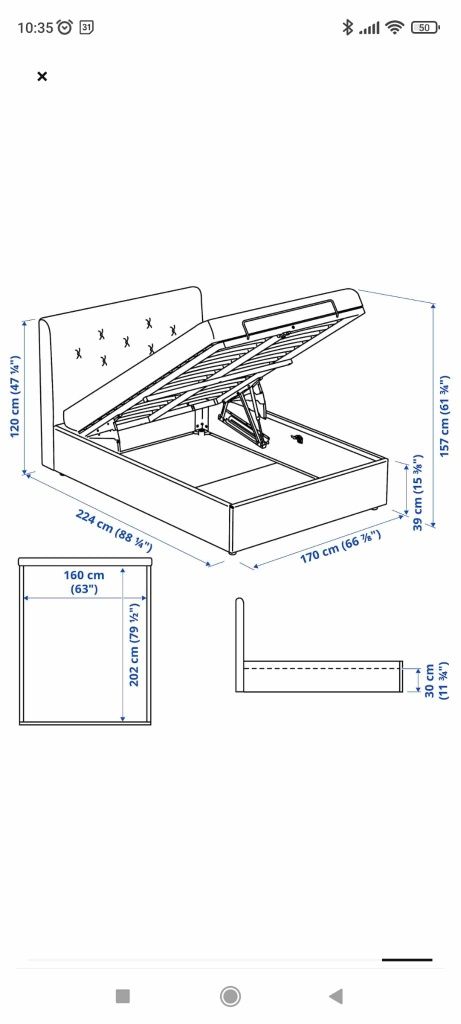 Tapicerowane łóżko Ikea Idanas z pojemnikiem 160x200