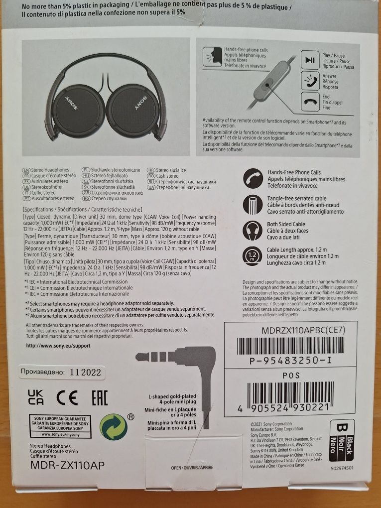 słuchawki SONY MDR-ZX110AP. NOWE