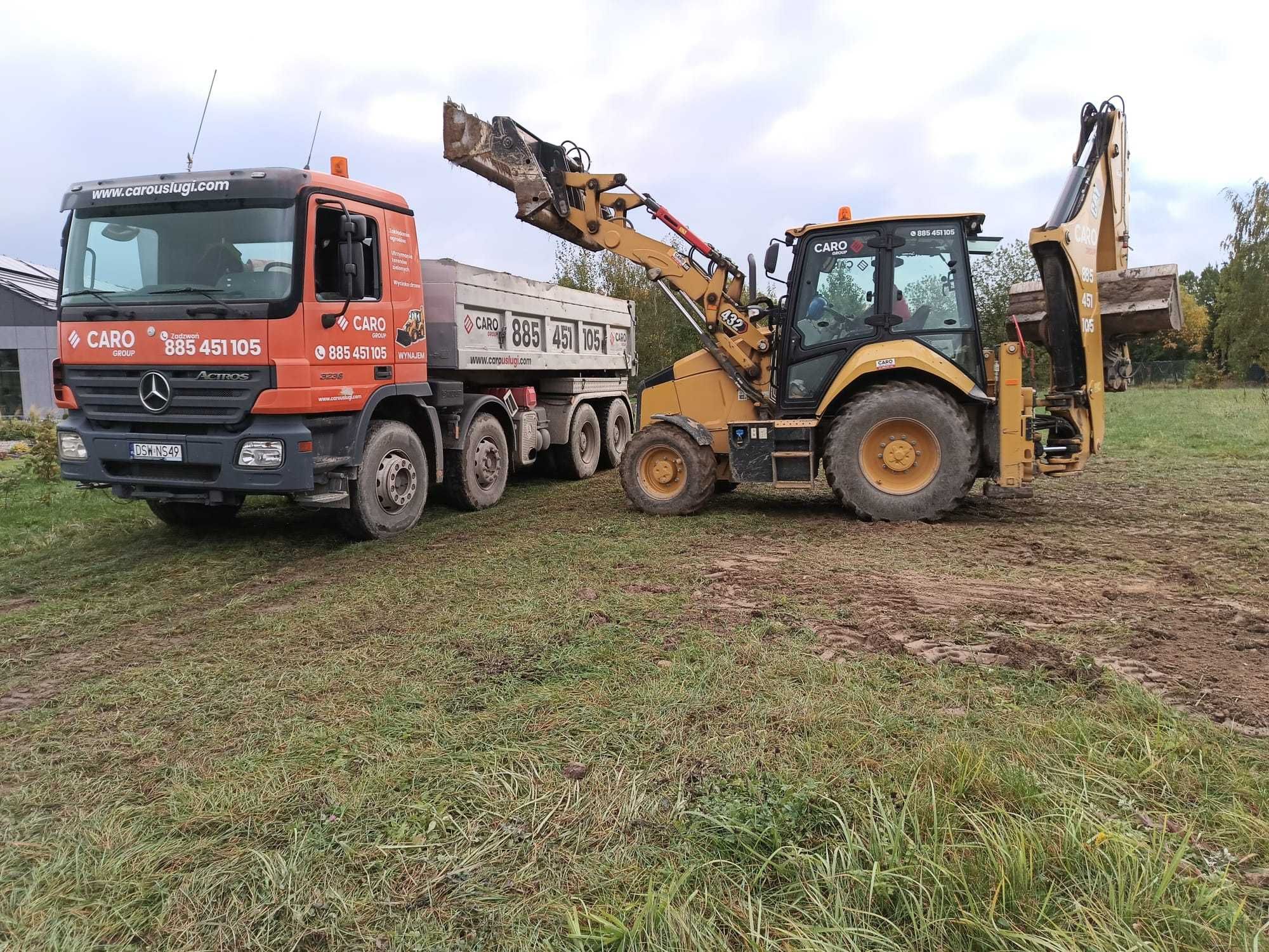 Usługi koparko-ładowarką wynajem CAT 432 transport wywrotką 20 ton