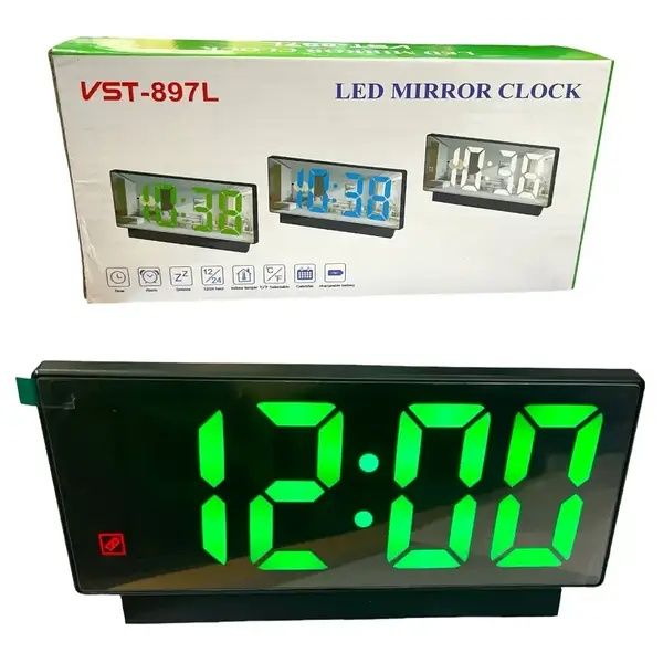 Настольные часы VST-897L, зеркальный дисплей, LED подсветка зелёная