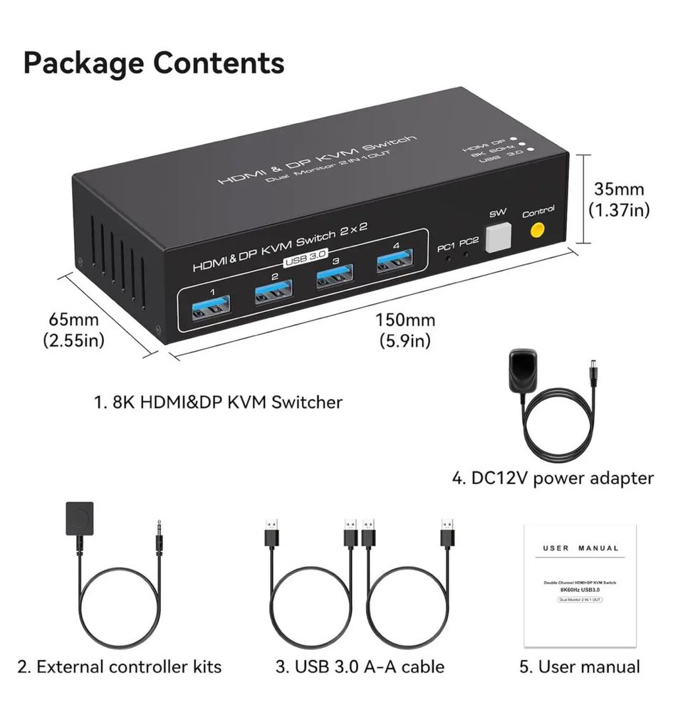 8k kvm-перемикач для двох моніторів hdmi&dp kvm switch
