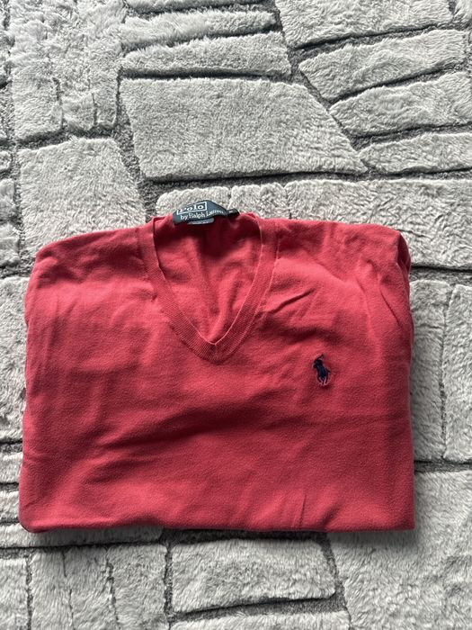 Ralph Lauren sweter V-neck męski S – oryginał, klasyk, czerwony/coral