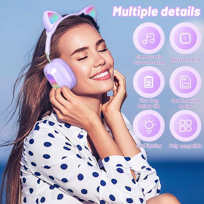 OHAANYY Kocie uszy, bezprzewodowe słuchawki Bluetooth z diodami LED