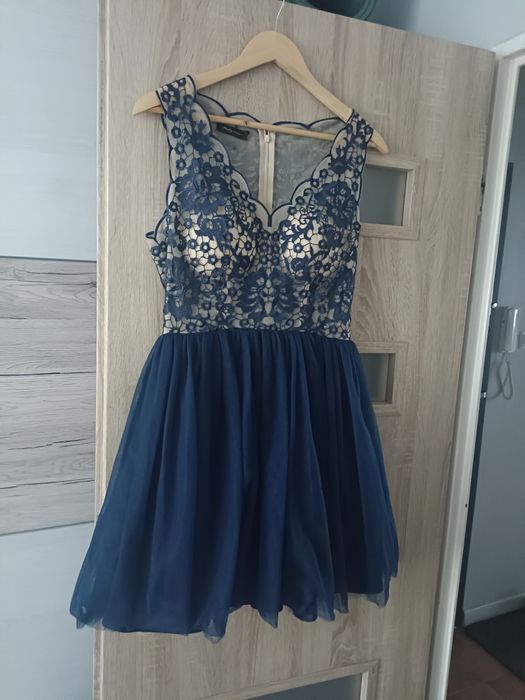 Elegancka sukienka tiulowa z koronką, granatowa, rozmiar uniwersalny