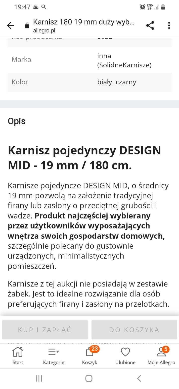 Karnisz pojedynczy czarny na przelotki 19mm/ 180 cm NOWY