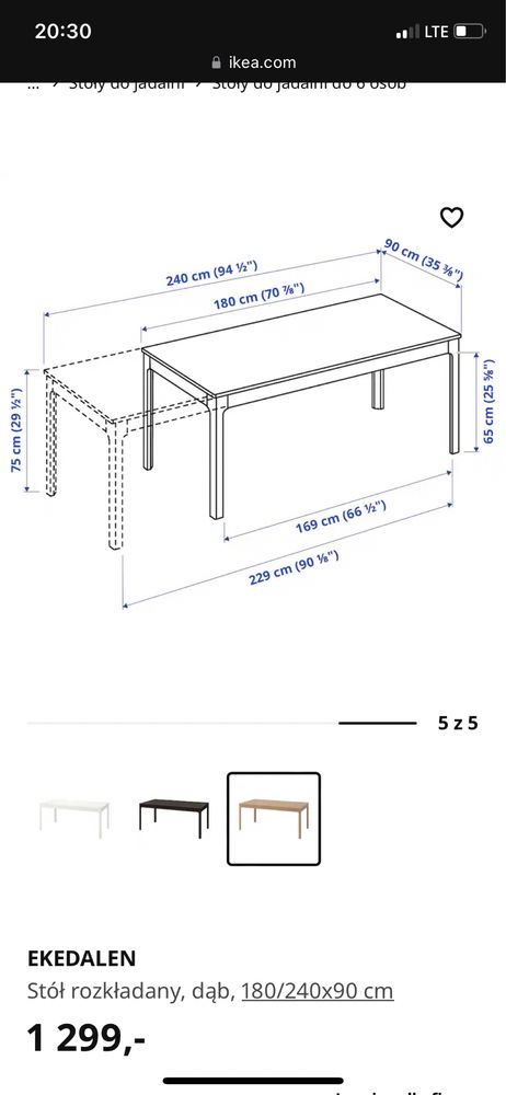 Blat stołu IKEA Ekedalen 180x90 kolor dąb naturalny okleina dębowa